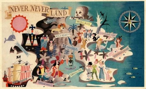 "Terra do Nunca". Ilustração de Mary Blair para o filme Peter Pan. 1936.